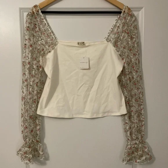 NWT Free People Intimately Gimme Butterflies Cream Floral Sheer Sleeve Blouse - Picture 5 of 10